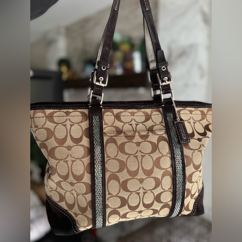 Coach Brown & Tan Suede Sequin Vintage Signature Tote Bag #8K52